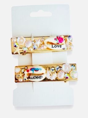 Shell-Embellished Gold Hair Clips - Pink & White